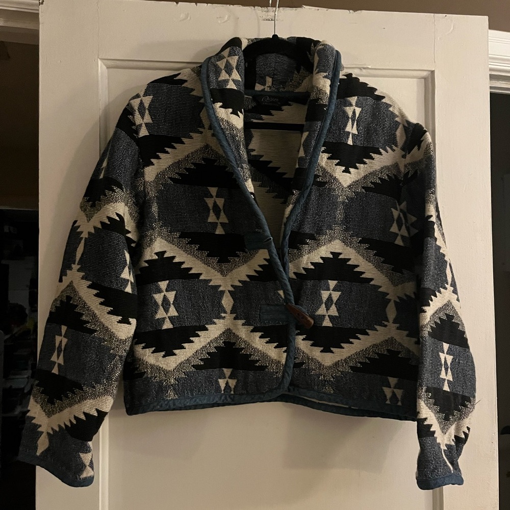 Women's Blue and Black Geometric Tapestry Jacket